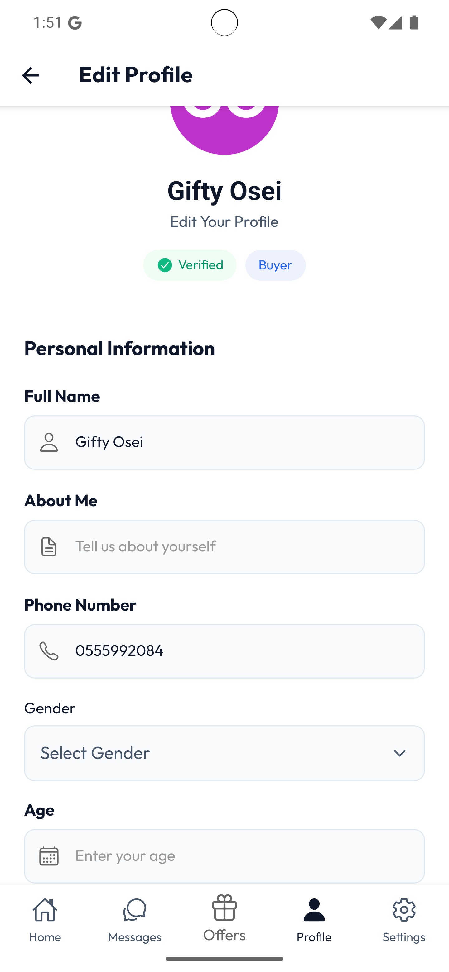 Buyer edit profile screen