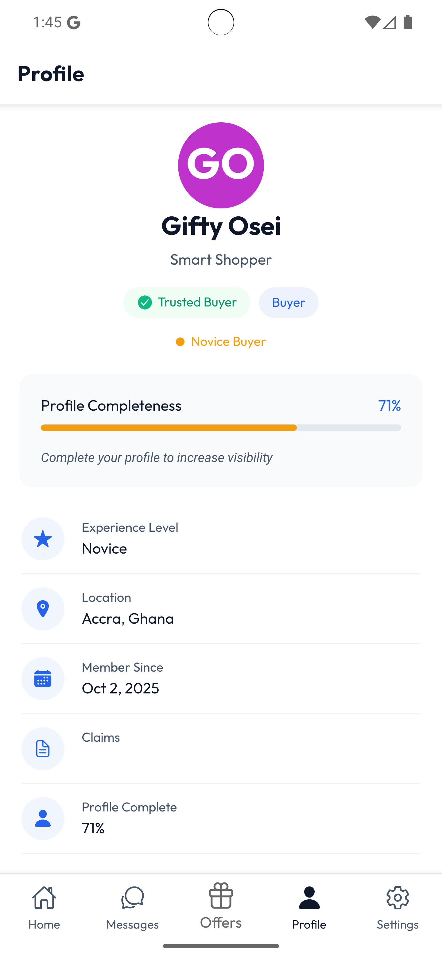Buyer profile screen 1